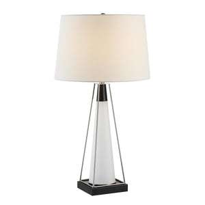 Navagio table lamp featuring a white conical base, black accents, and a cream fabric shade in a modern design.
