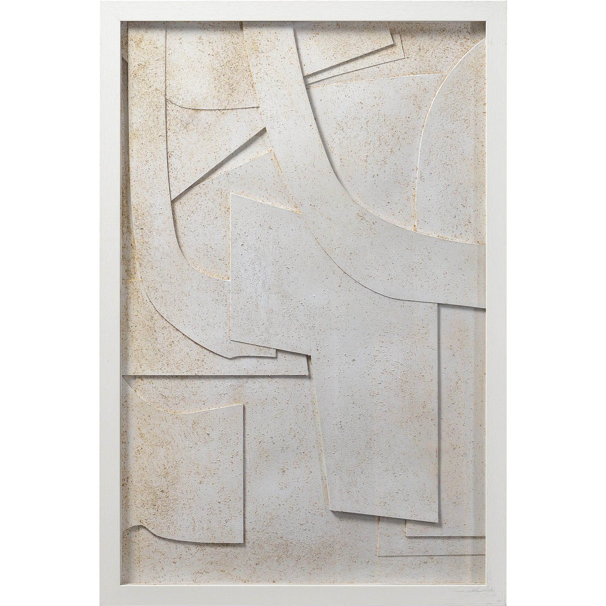 Pathfinder wall art featuring abstract white shapes with a textured surface and gold accents.