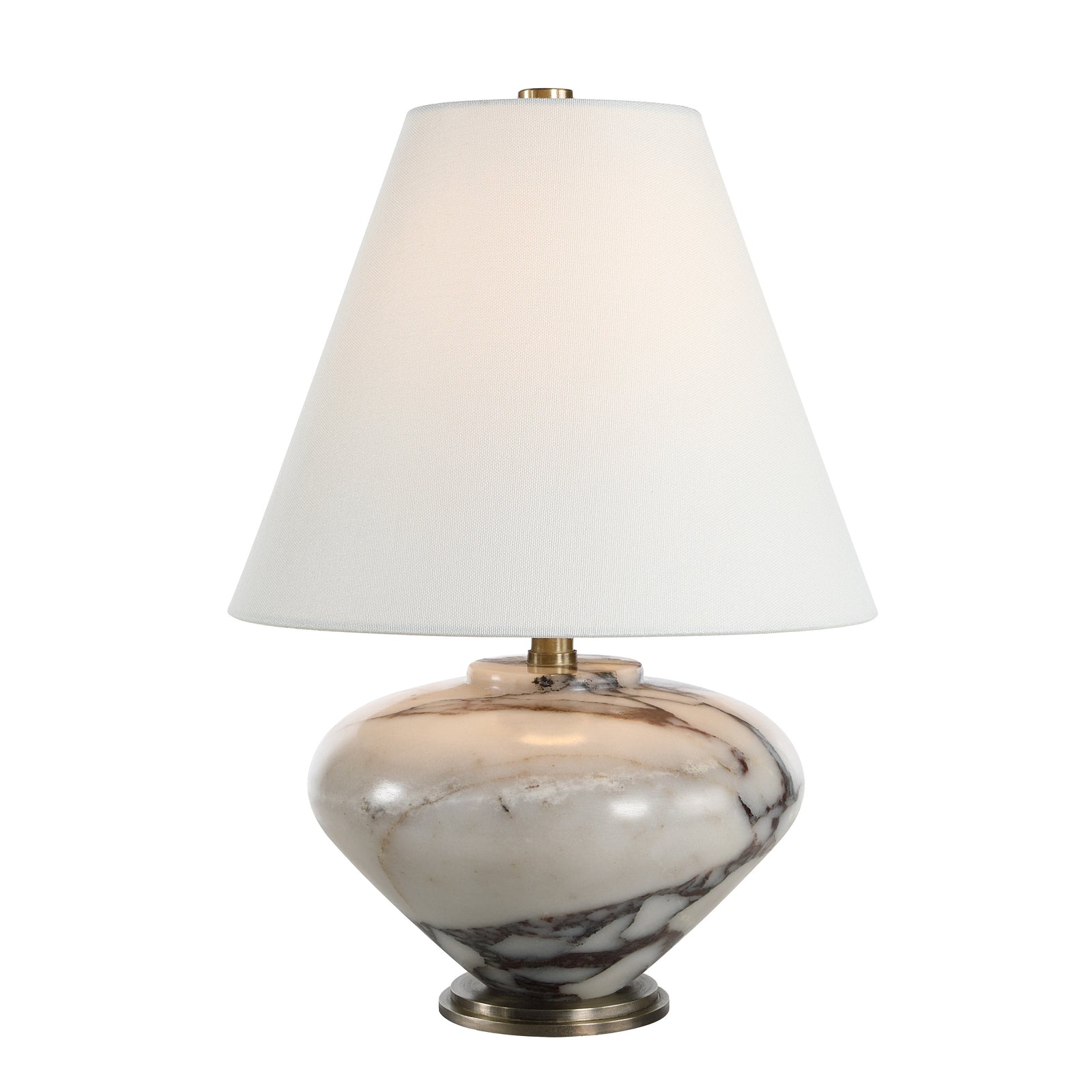 Monumento Table Lamp with a white fabric shade and a marble base featuring gray veining.