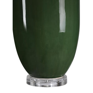 Close-up of Pesca Table Lamp's green ceramic base and clear acrylic stand