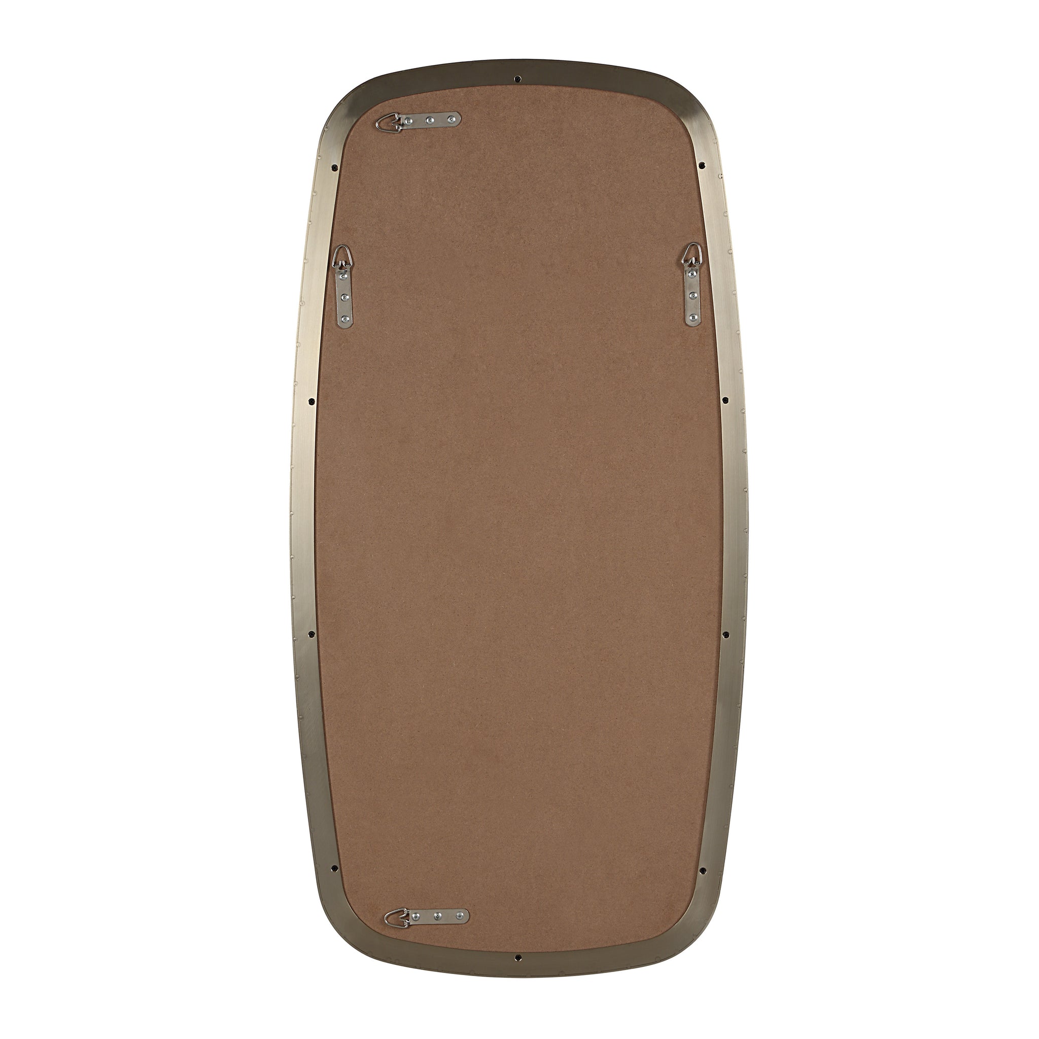 Back view of Jacossa mirror displaying a brown backing with metal frame details