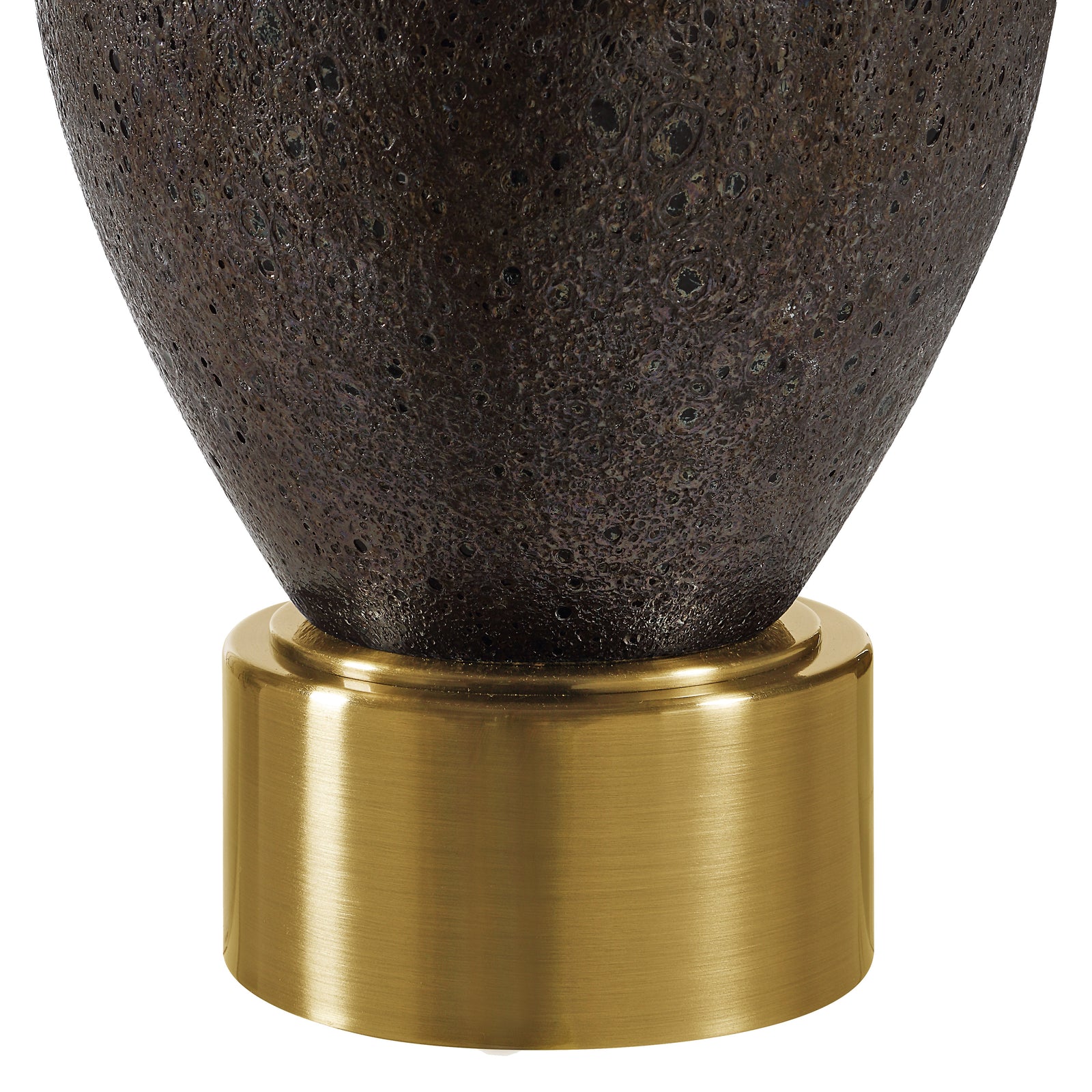 Weldon table lamp with a dark textured ceramic base and a white fabric shade