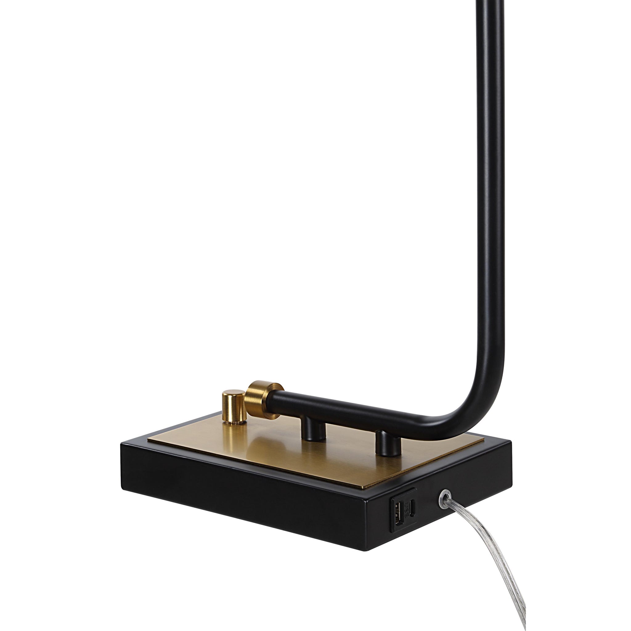 Perlato table lamp side view highlighting the gold and black base with USB ports.