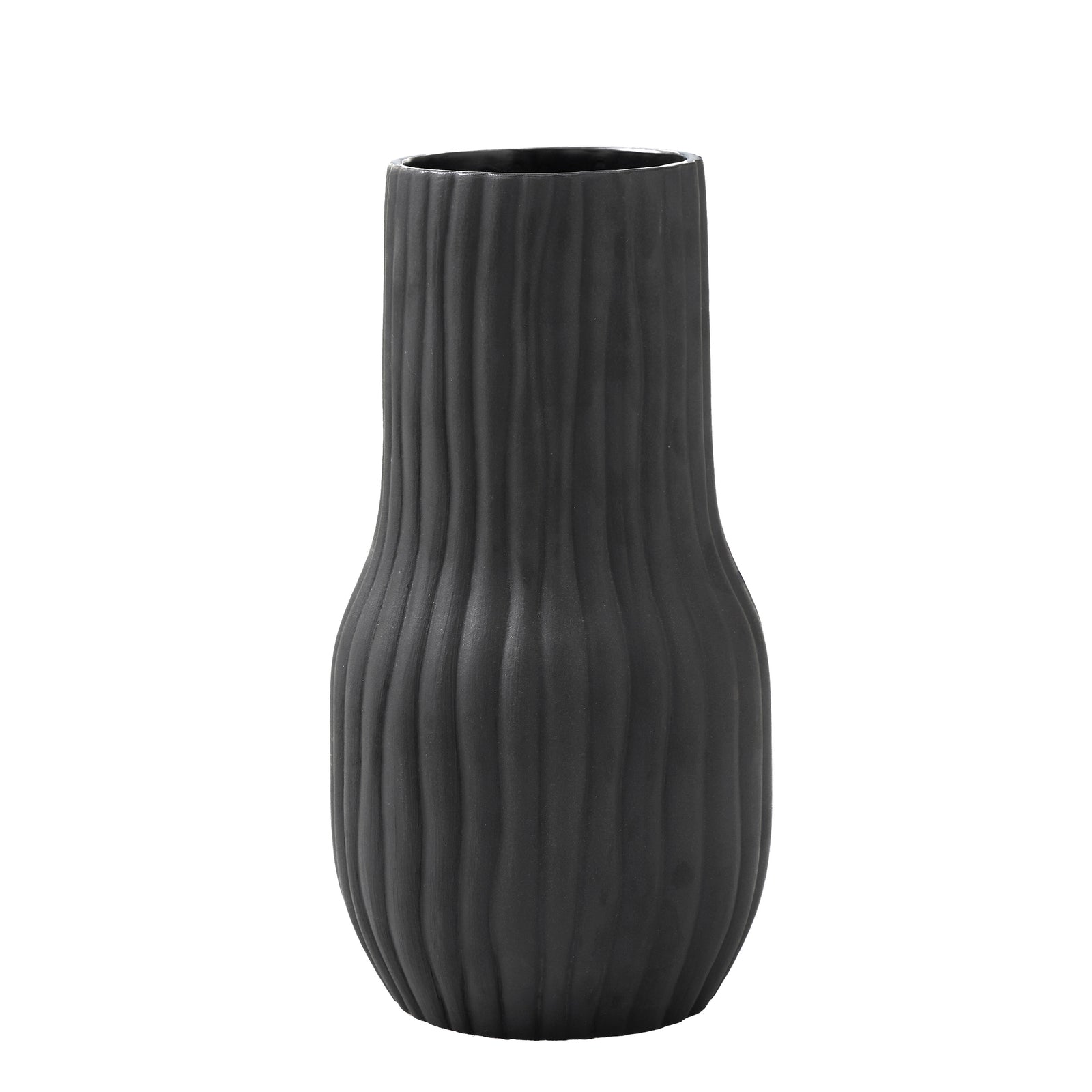 Nocera Vase by Renwil, tall black ceramic vase with vertical ribbed texture