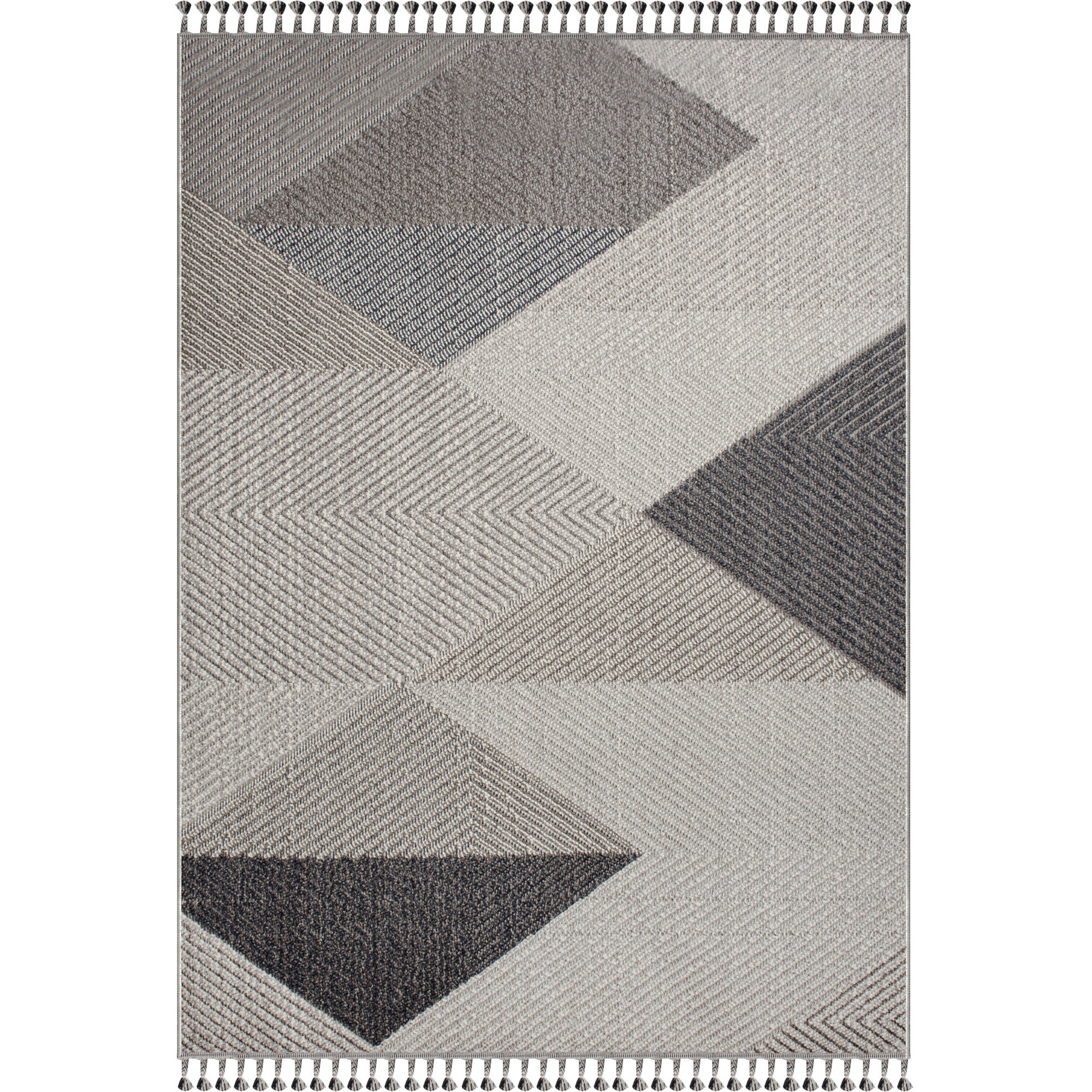 Meghan rug featuring a geometric pattern in shades of gray and beige, with textured detailing and decorative tassels.