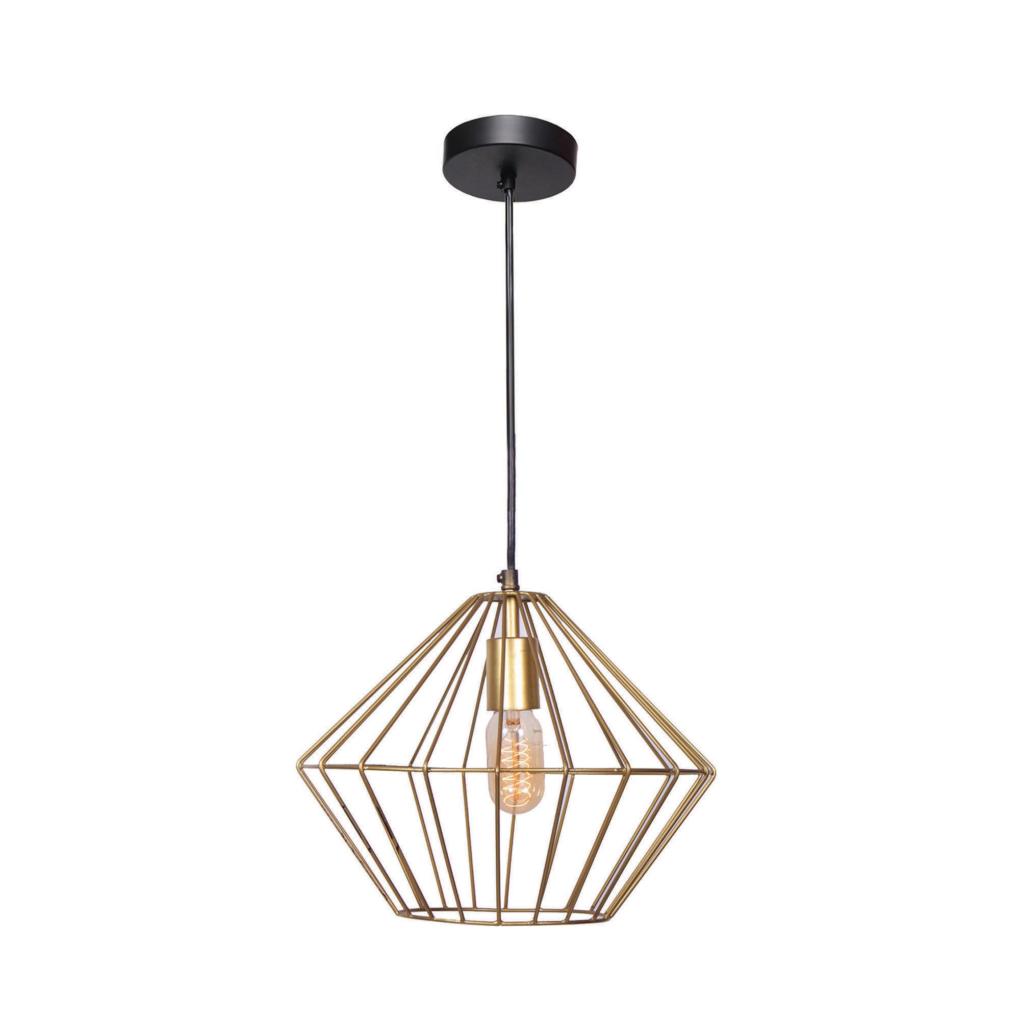 Empire Ceiling Fixture in gold metal with a geometric design and exposed bulb, hanging from a black ceiling mount.