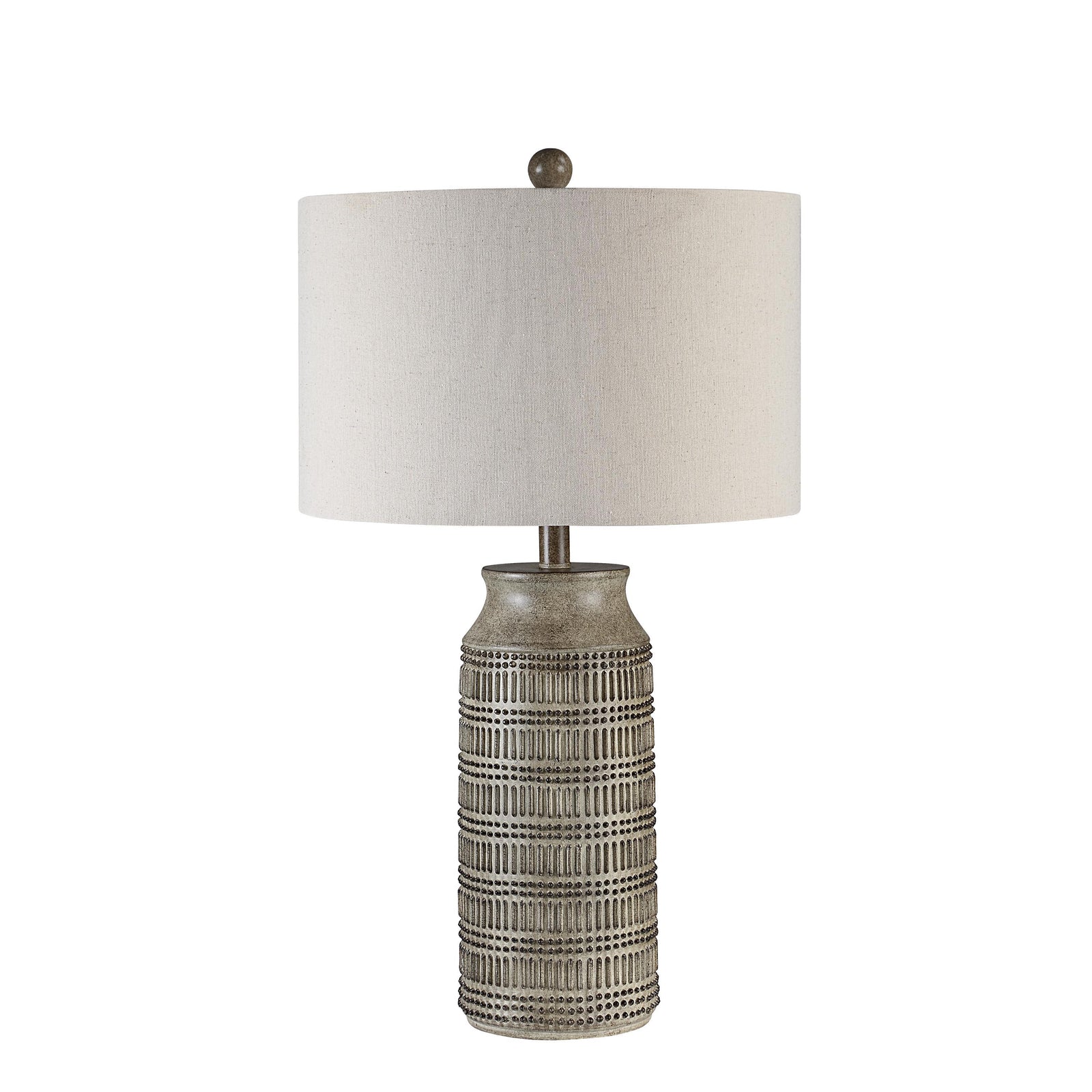 Tarragona Table Lamp with a textured gray ceramic base and a beige fabric shade.
