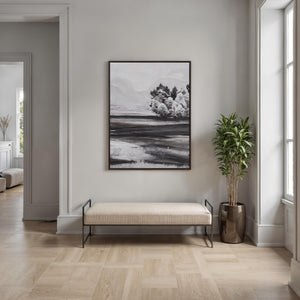Sweeney canvas art displayed in a modern interior, above a bench and next to a plant.