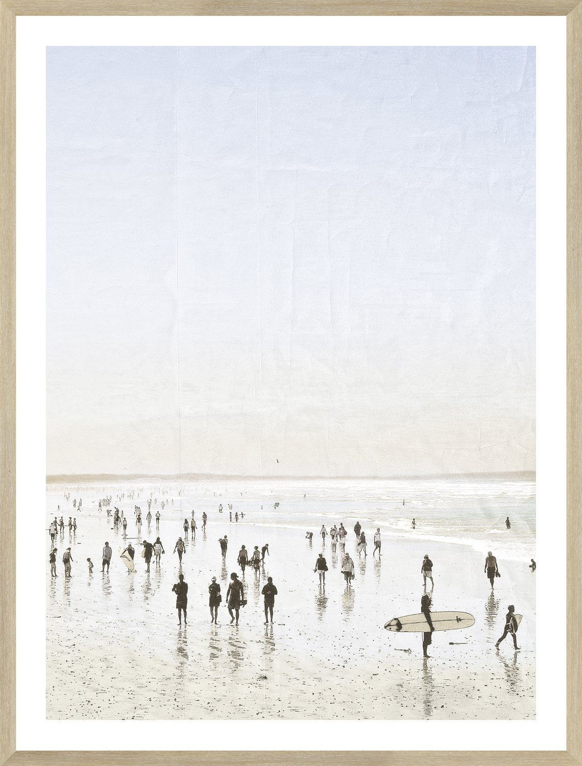 Idyllic Surf I & II Bundle featuring two framed wall art pieces depicting a beach scene with surfers and beachgoers, in soft pastel colors.